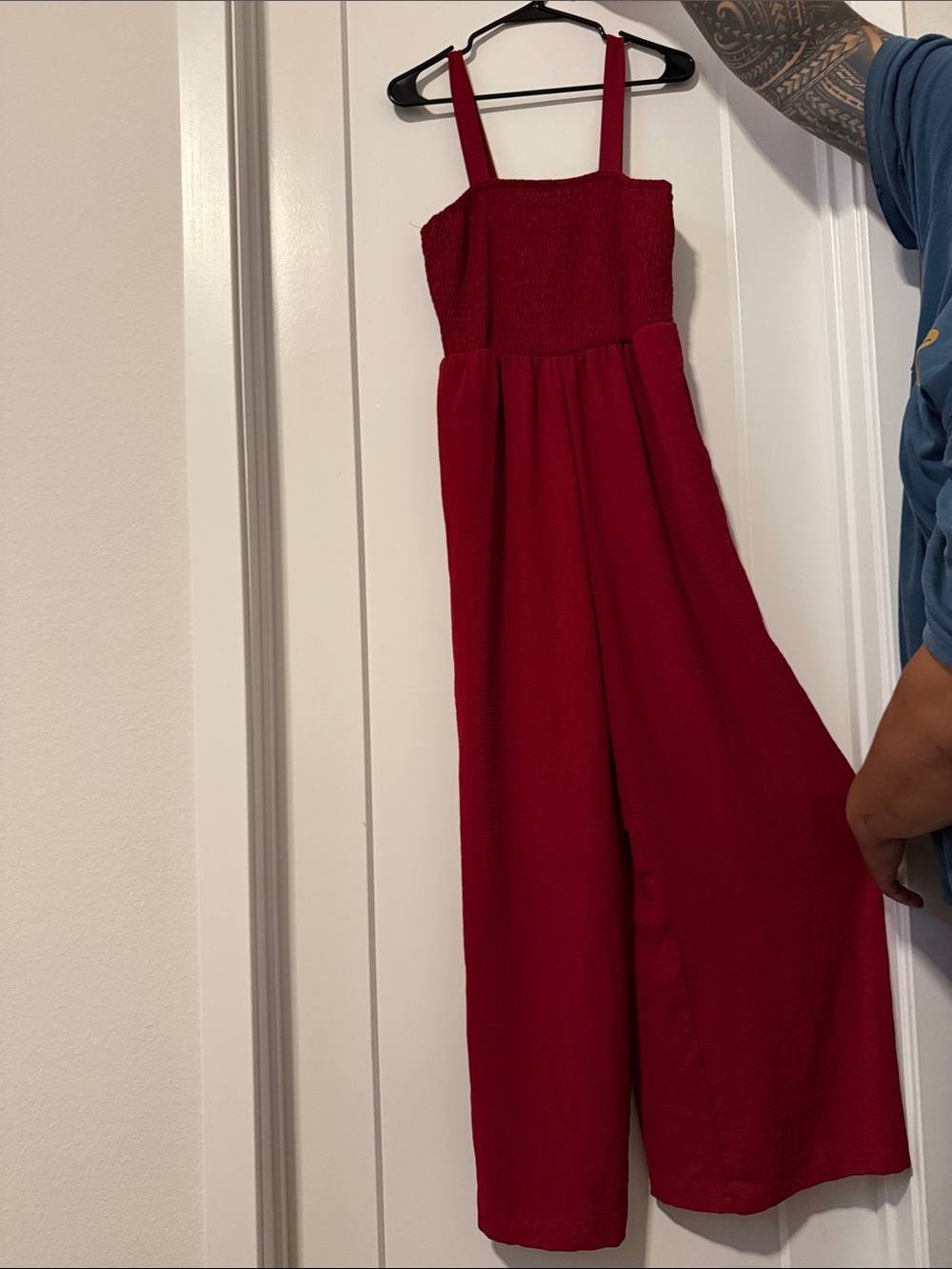 Red Smocked Bodice Wide-Leg Jumpsuit